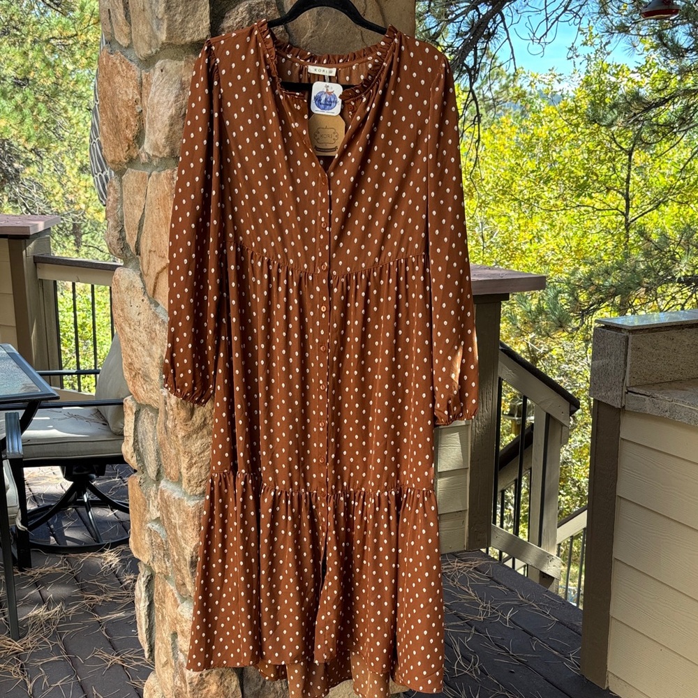 NEW! S Kori Brown Polka Dot Tiered Midi Dress Ruffle Hem High Neck Button Front